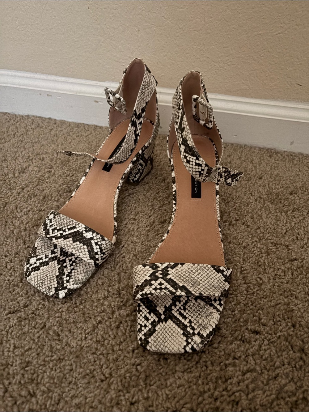 French Connection Snake-Print Block Heel Sandals in Black & Cream